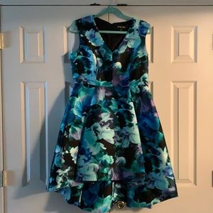 Blue and black high low floral print dress